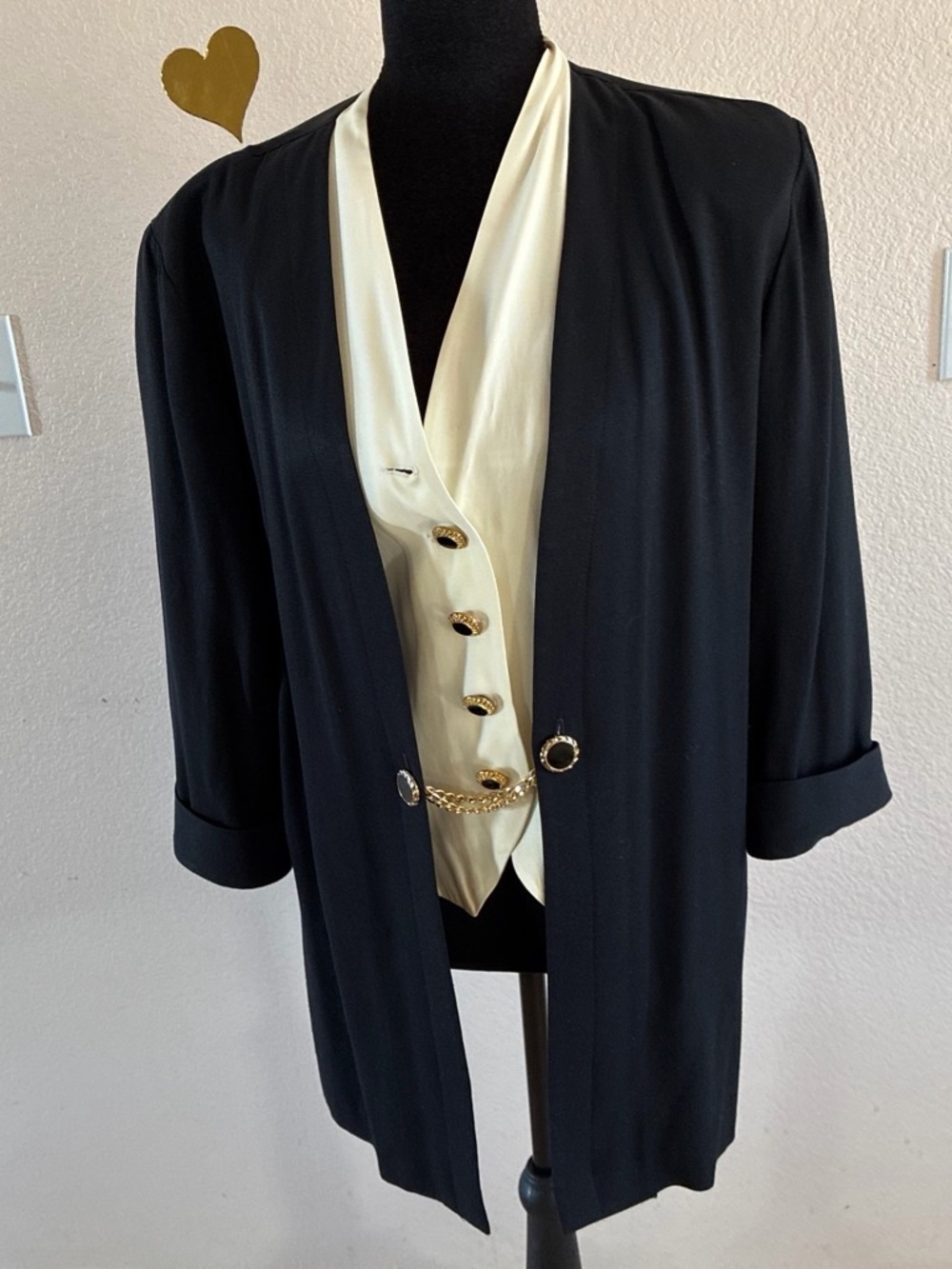 Black Open-Front Jacket with Cream Vest Detail - Picture 3 of 8